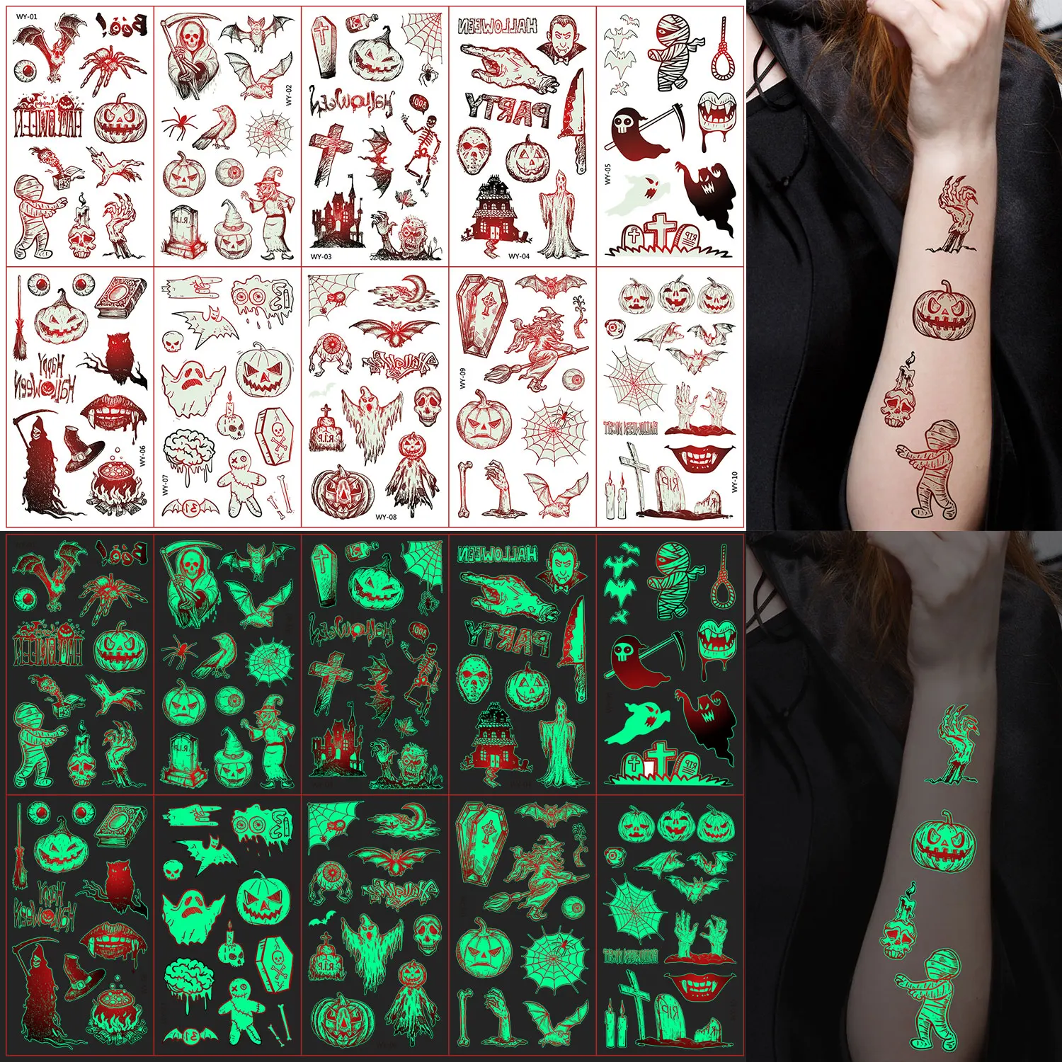 Temporary Tattoo Sticker Set, 10 Sheets, Glow-in-the-Dark Cartoon Series, Waterproof And Realistic, Perfect For Halloween Party