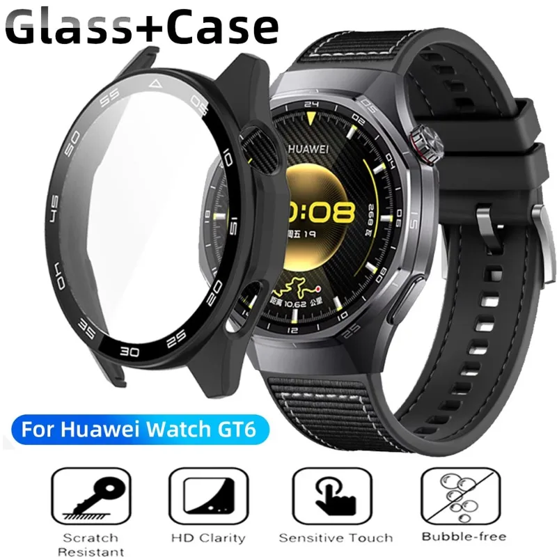 Gehärtete Glasfolie + PC-Gehäuse für Huawei Watch GT6 46 mm, offizielle Skala, Bildschirmglas, Huawei Watch GT6 46 mm SmartWatch-Stoßstangenabdeckung