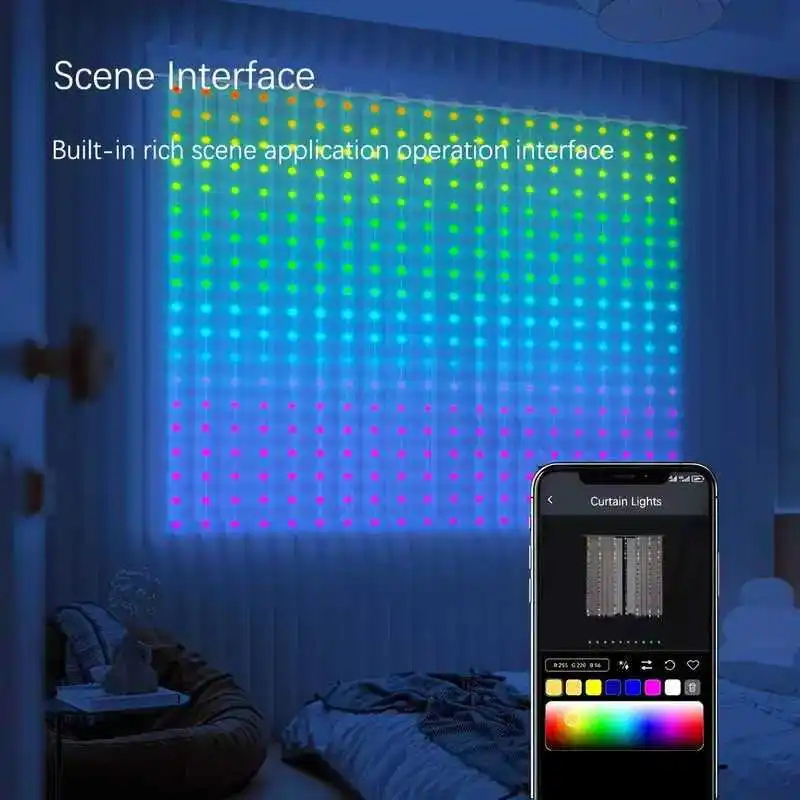 블루투스 앱 제어 LED 스마트 커튼 조명 – RGB 요정 조명으로 DIY 음악 조명, 파티 및 침실 장식에 최적!