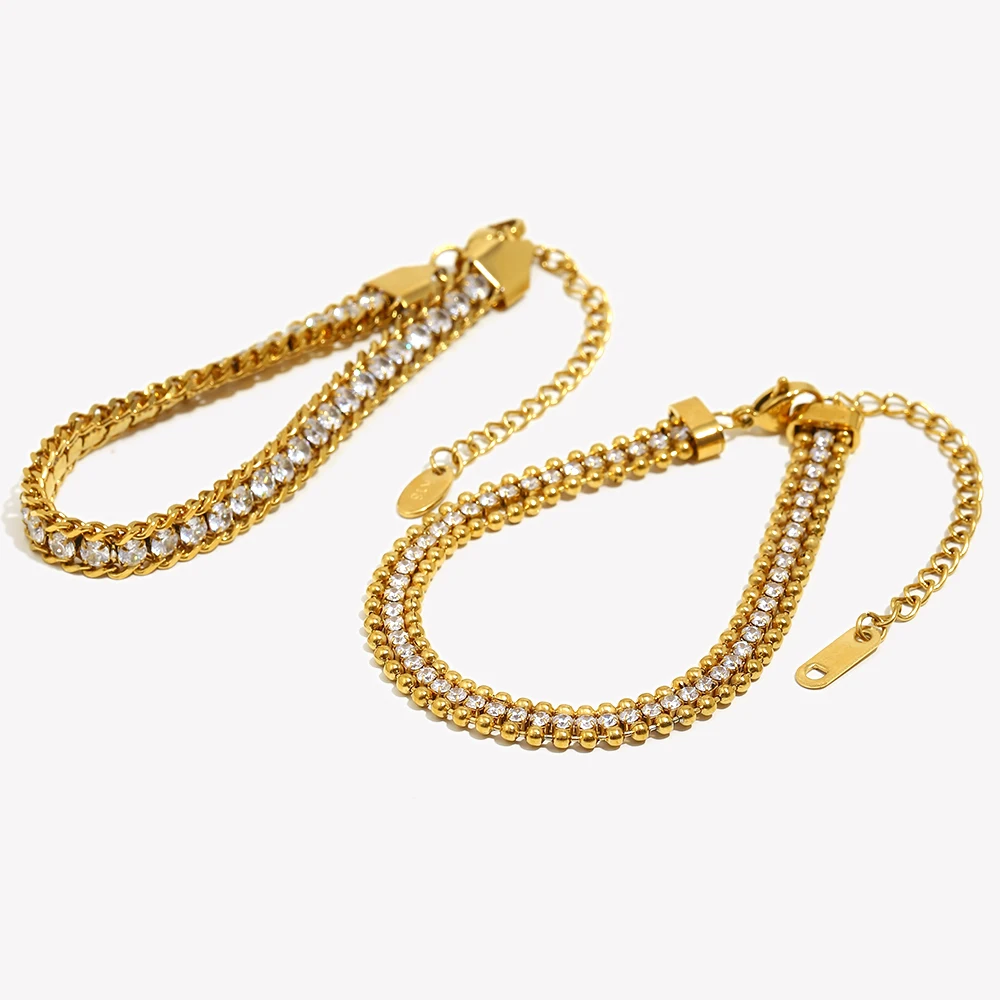 E.B.belle Three Layer Round Bead Woven Zircon Bracelet Hypoallergenic Stainless Steel Accessories 18K Gold Plated Jewelry