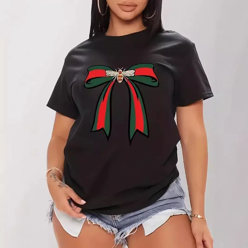 

Новая женская футболка 2025 года, модные летние топы больших размеров с цветочным принтом и короткими рукавами, круглым вырезом