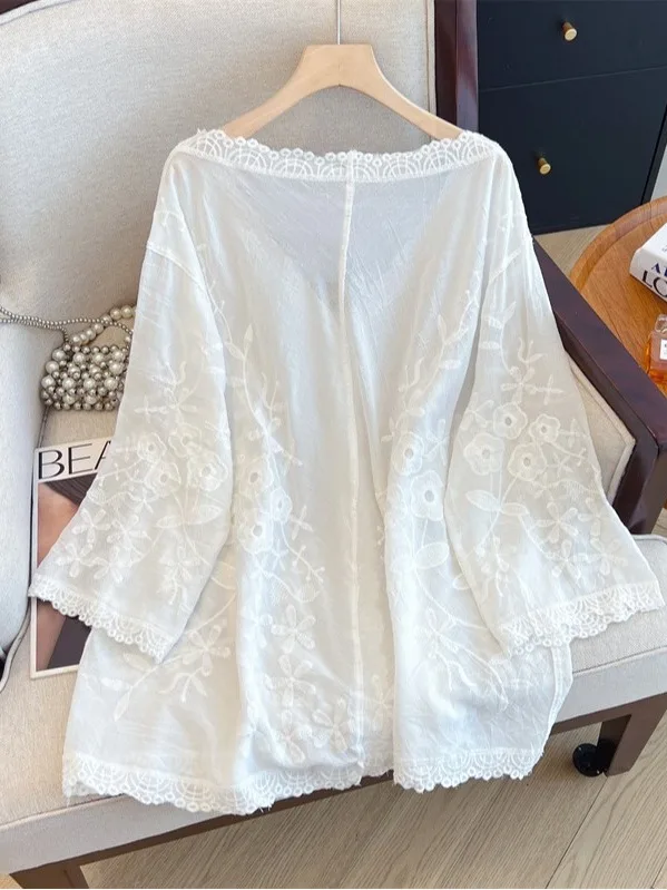 قميص دانتيل مطرز جديد صيفي جديد فضفاض ملابس أمومة سترة رفيعة ملابس خارجية للنساء مقاس كبير نمط غير رسمي #5