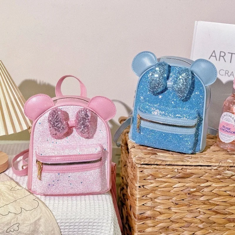 حقيبة ظهر ديزني ميني ماوس للفتيات بفيونكة صغيرة متألقة كرتونية لطيفة على الموضة هدية عيد ميلاد للمدرسة لرياض الأطفال
