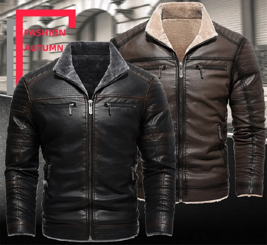 Men\'s Faux Leather Jacket High Quality Casual Zipper Fleece Warm Coats Vintage Motorcycle 2023 New Leather Jacket for Men S-4Xl