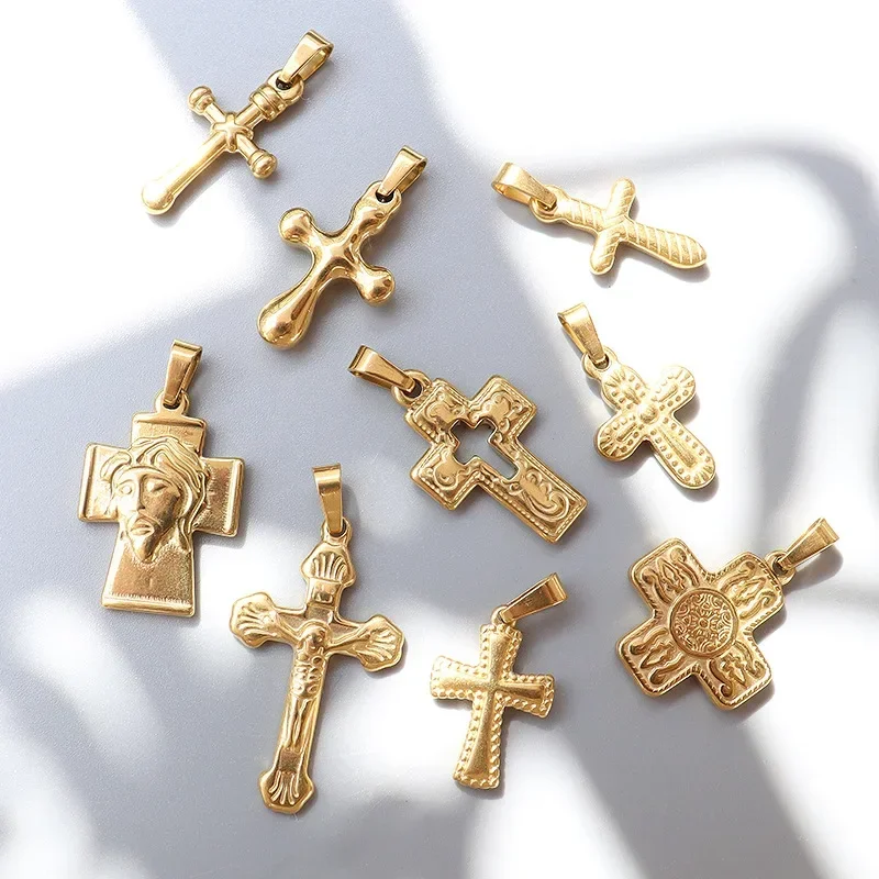 RHYSONG Fashion DIY Stainless Steel Vintage Jesus Cross Pendant Necklace Gold Charms For Women Jewelry Acc Making Without Chain
