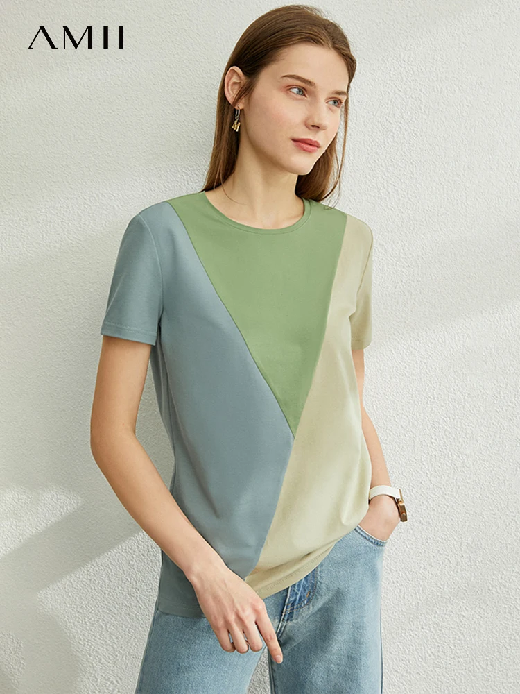 AMII Minimalism Top Women 2023 Summer New Fashion Short Sleeves Tees O Neck Contrast Straight Casual Female T-shirt 12332021