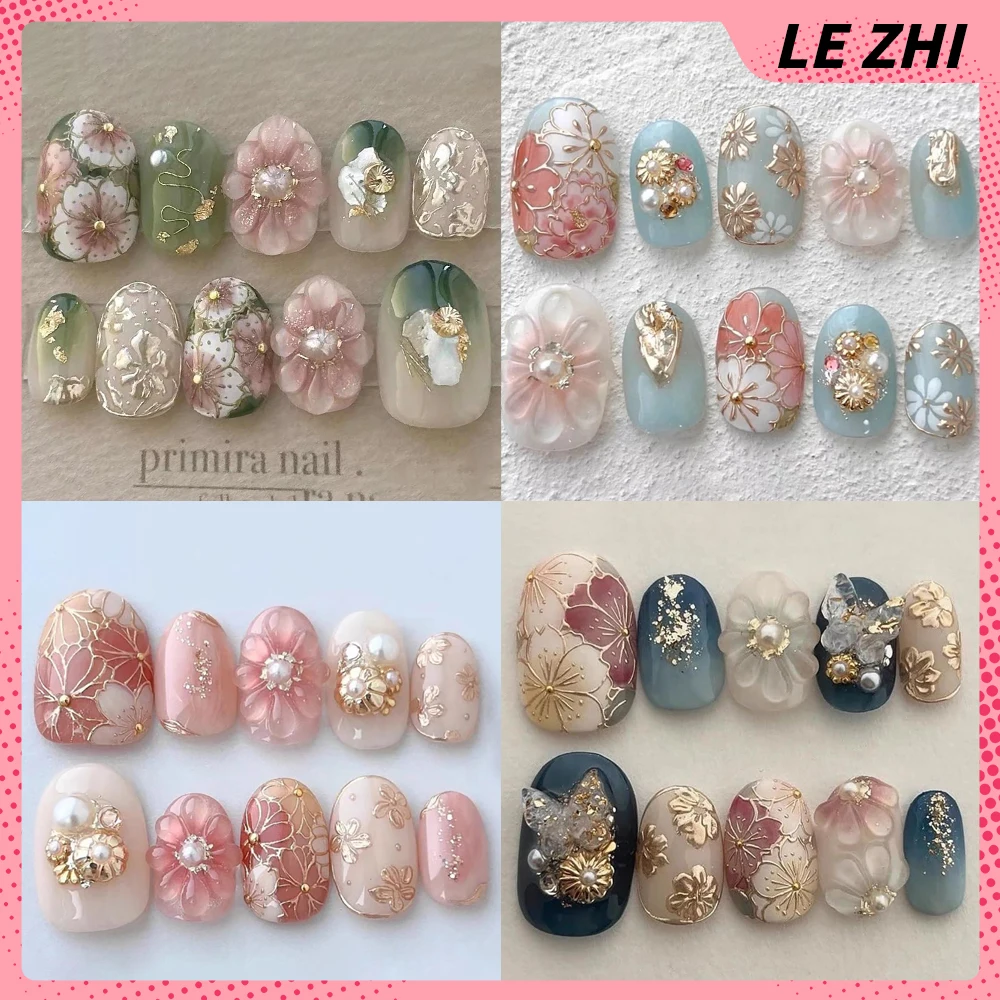 Gilding Flower Almond Press On Nails Art Handmade Oval Light Luxury Retroflower Glitter Cherry Blossom Fake Nails Party Stickers