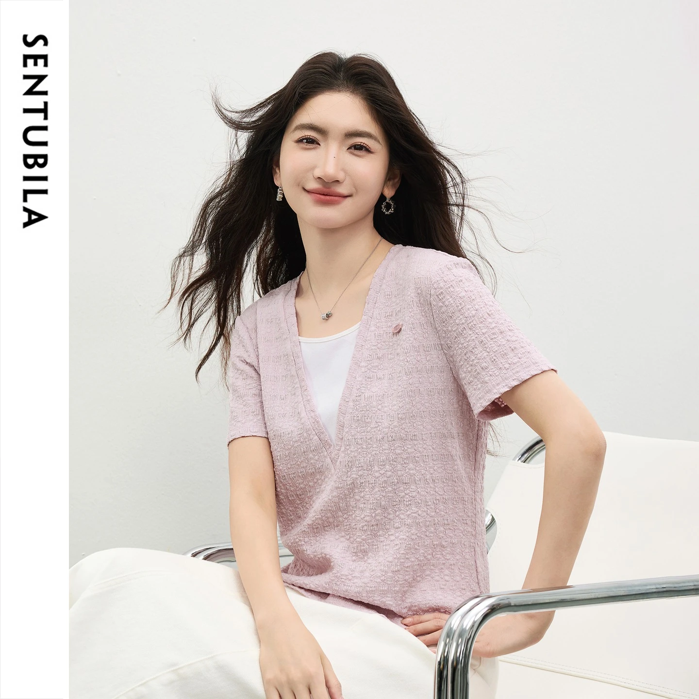 SENTUBILA Women's Fake 2 Piece Top Summer Geometric Pleat Knitted Short Sleeve T Shirt 2026 Color Contrast Patch Tee 162TD5674