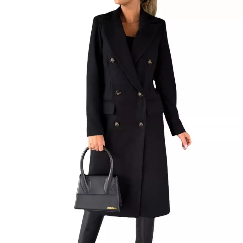 

Women's Double-breasted Long-sleeved Woolen Coat Spring Solid Color All-match Design with Pockets for Casual Wear