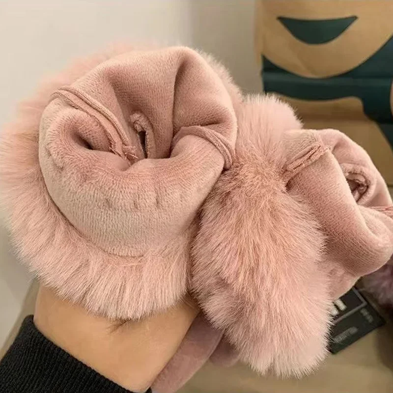 Guantes de moda para mujer, manoplas cálidas peludas bonitas para otoño e invierno, manoplas con dedos completos para mujer, guantes deportivos a prueba de viento para ciclismo al aire libre