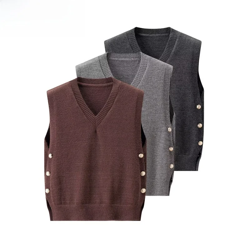 

Faionable Loose V-Ne Knitted Sweater Overalls Women's Street Sle Polyester Fiber Double Button Pure Color Autumn New Ar...