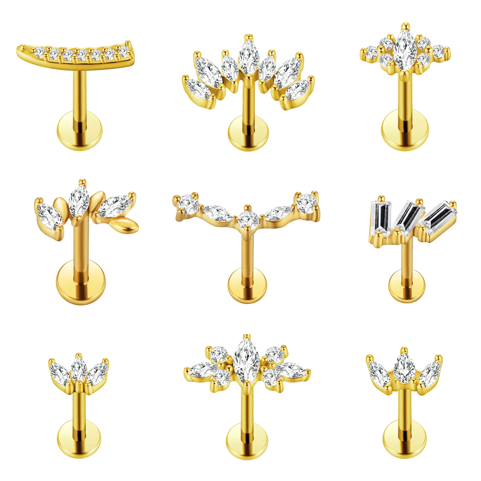 Leaf Labret Piercing Petal Flowers Internal thread 100% 316L Surgical Steel Cartilage Helix Flat Back Earrings Body Jewelry