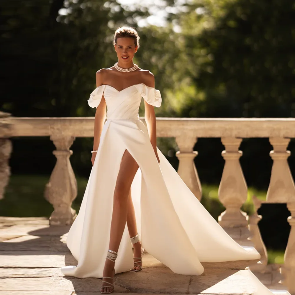 

Customized Off Shoulder Pleated Wedding Gown and Elegant Train Wedding Party Dress Side High Slit