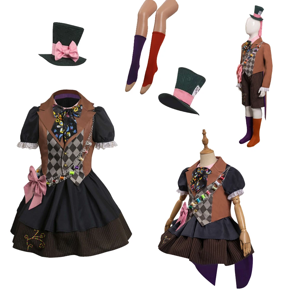 Movie Alice Cosplay Costume Mad Cos Hatter Johnny Depp Vest Dress Hat Coat Outfits Halloween Carnival Party Suit For Kids Adult