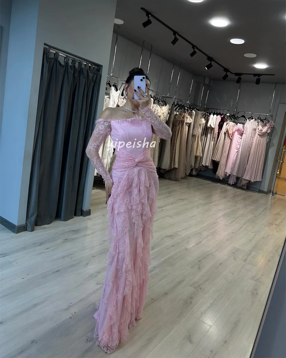 Vestidos largos personalizados a juego, exquisitos, clásicos, plisados de encaje, sirena fruncida, hombros descubiertos, vestidos para ocasiones a medida, elegantes
