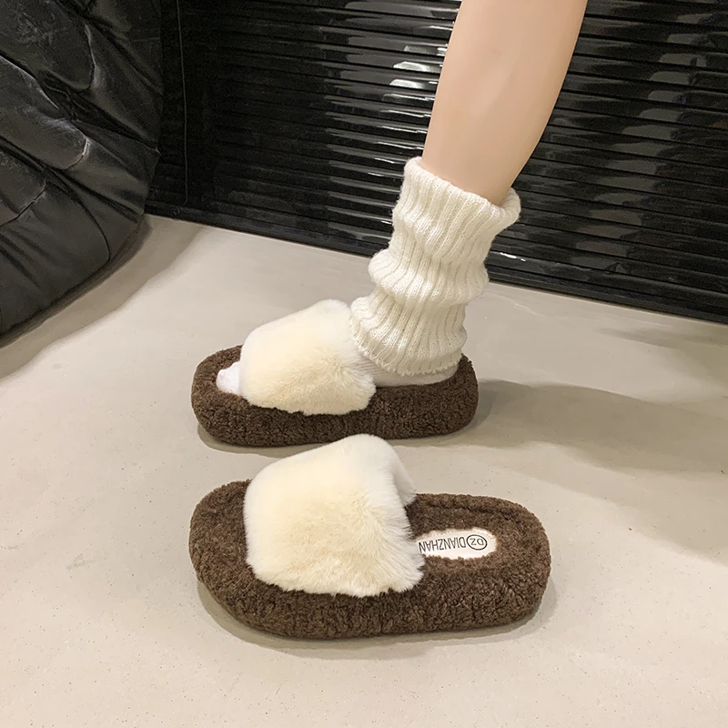 Color blocked plush one line plush mop for women, autumn and winter thick soled cotton slippers for wearing outside