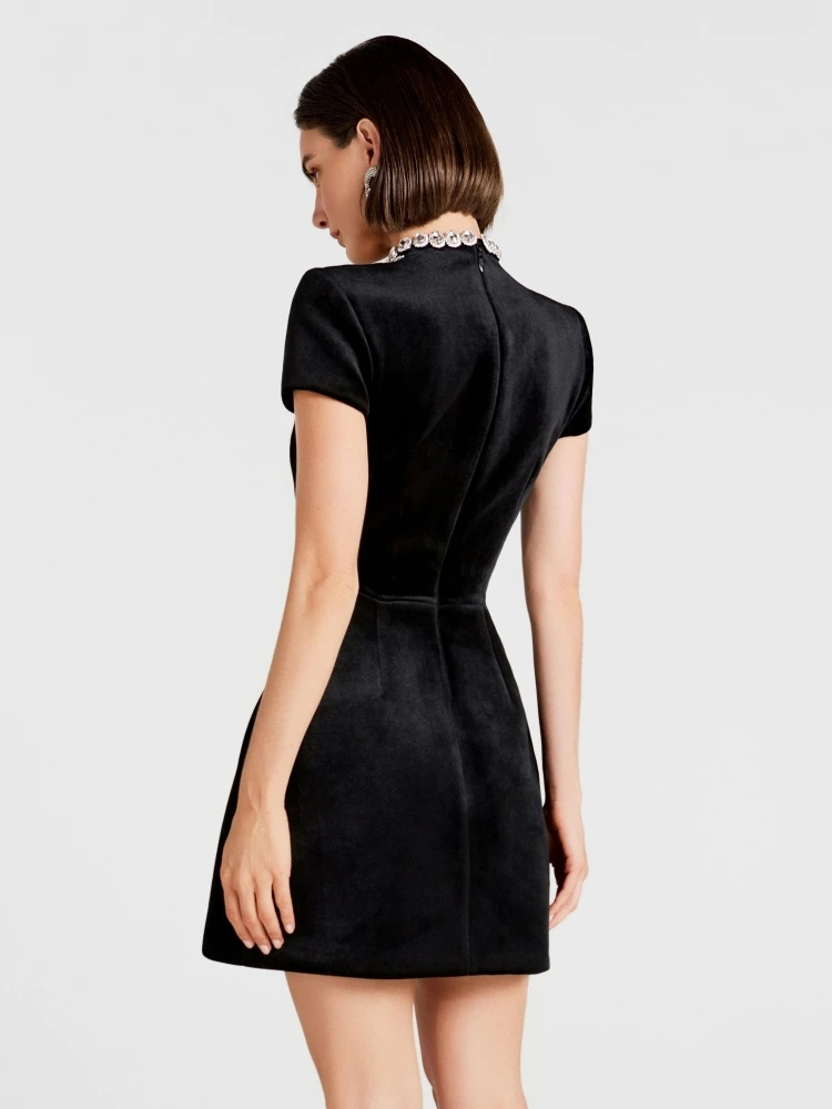 Sexy O Hals Kurzarm Glänzende Kristall Mini Verband Kleid Frauen Schwarz Diamanten Bodycon Kleider Abend Party Cocktail Kleider