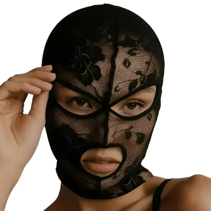 Unisex Full Face Venetian Gothic Lace Mask with Eye Mouth Openings,Black Mesh Headpiece - view 6