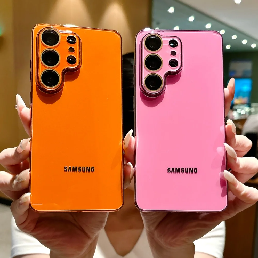 Luxury Solid Color Glass Phone Case For Samsung S26 S25 Ultra S24 FE S23Ultra Plating TPU Bumper Frame Lens Protection Cover