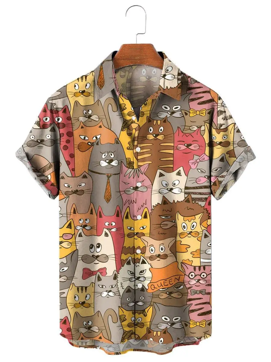 Cute Line Drawing Sheep Animal Pattern Unisex Short Sleeve Blouse Camp Collar Loose Novelty Daily Vacation Shirt