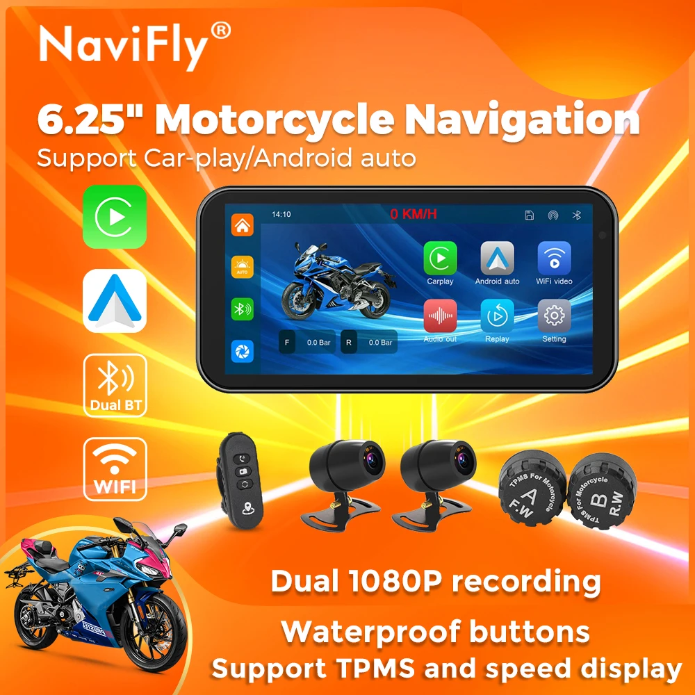 Navifly Portable 6.25 inch IP67 Waterproof Motorcycle GPS Navigation Wireless Carplay Android Auto Moto Monitor WIFI TPMS BT TF
