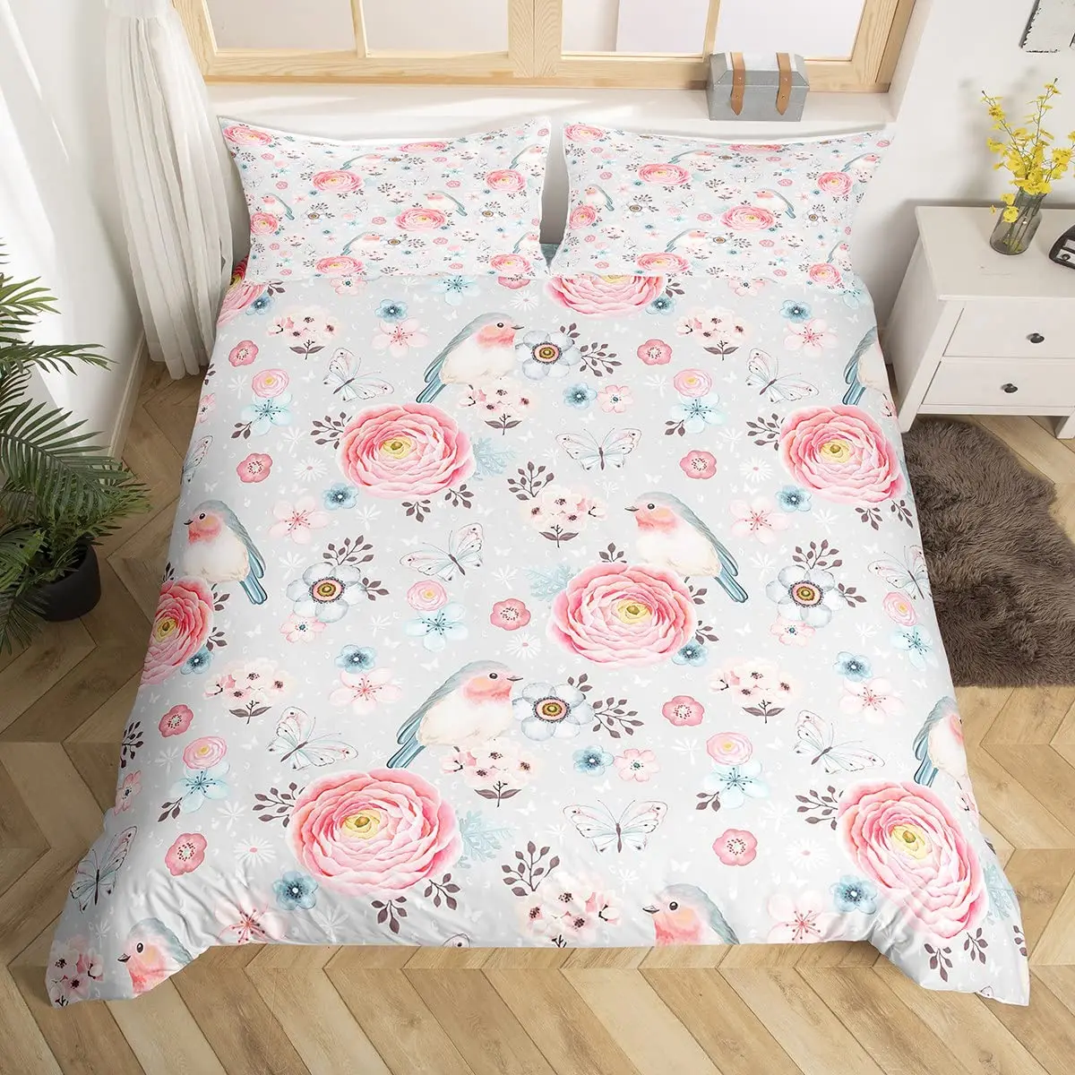 Lovely Bird Duvet Cover Set King Size Spring Floral Butterfly Bedding Set Microfiber Watercolor Garden Flower Comforter Cover