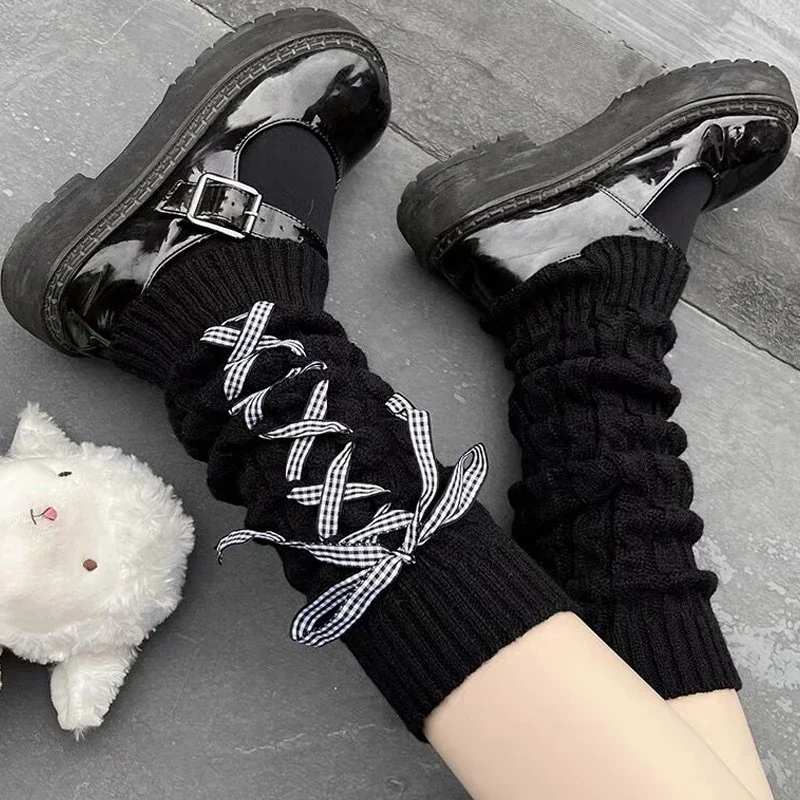 JK Candy Color Bow Leggings Women Girls Gothic Plaid Ribbon Strap Long Socks Lolita Knitted Cuffs Ankle Leg Warmer Stockings