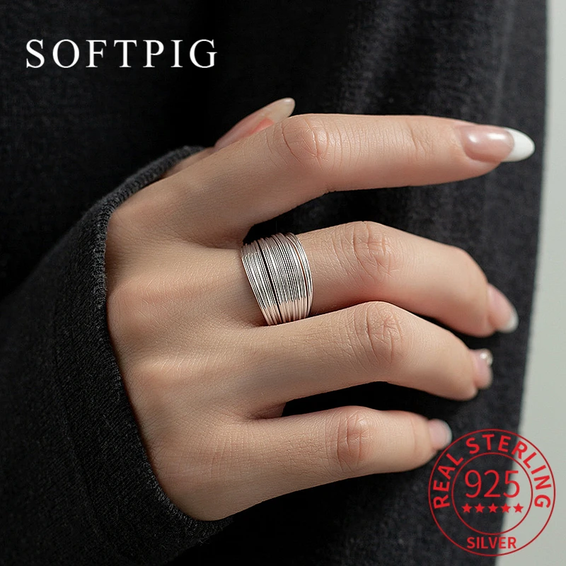 SOFTPIG Real 925 Sterling Silver Multi Layer Lines 1CM Wide Surface Round Ring for Women Fine Jewelry Geometric Accessories