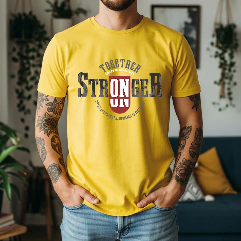 New Summer Mens 100% Cotton T Shirt Together Stronger On Letter Print Casual Breathable Vintage Short Sleeve For Daily Wear