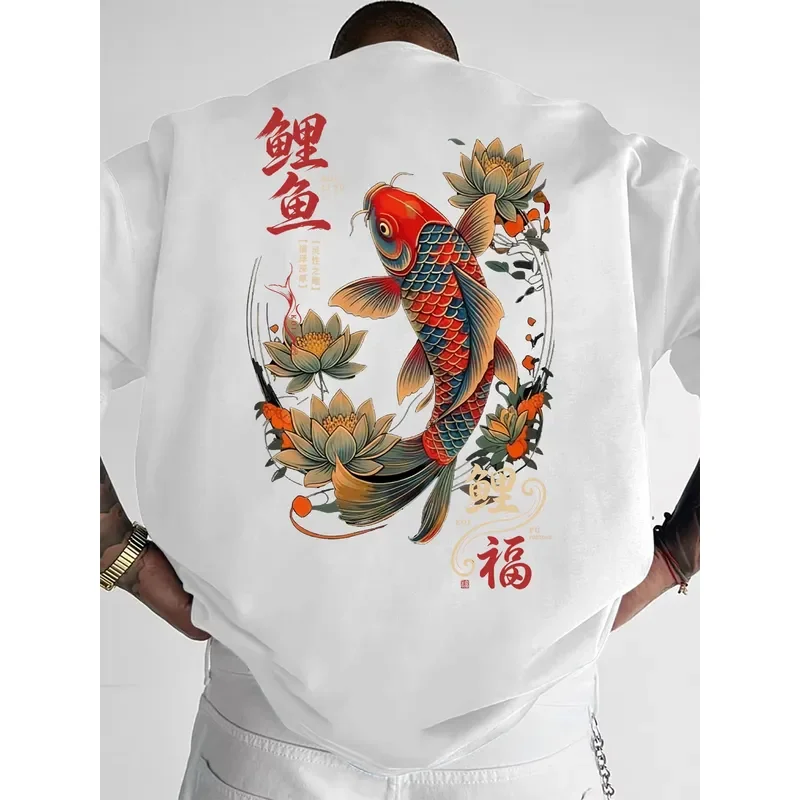 Chinese Koi Fish and Lotus Graphic Tee for Men Breathable 100% Cotton Perfect for Summer Streetwear Lucky Style