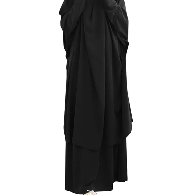 Women Muslim 2 PC Set Solid Color Plus Long Sleeve Thobe One-size Longuette Overall Abaya Thobe with Hoodied Hijab