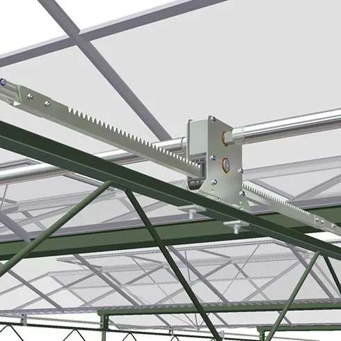 Racks and pinions for greenhouse shading systems and ventilation systems