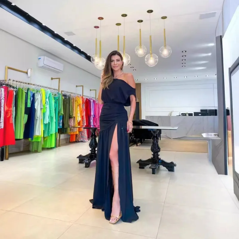 Fashion Sexy Women's Dress Off Shoulder Sleeveless Elegant Casual Slit Tall Waist Holiday Solid Color Dress Ladies Pullovers