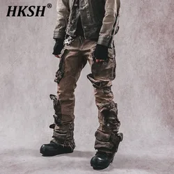 HKSH Heavy Craft Waste Land Washing Multi Pocket Micro Rage Elastic Slim Fit Casual Cargo Pants Men's Punk Tide Overalls HK0814