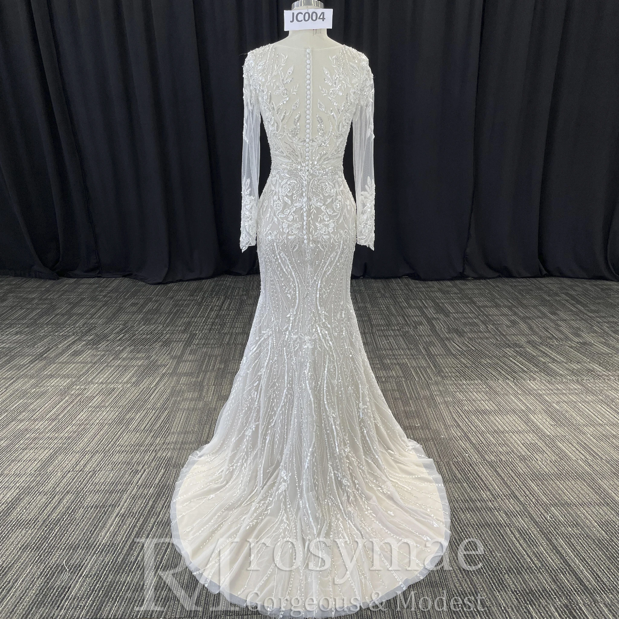 Rosymae-Meerjungfrau-Spitze-Langarm-Brautkleider, transparente Halskleider, Vestido de Novia Boda Civil
