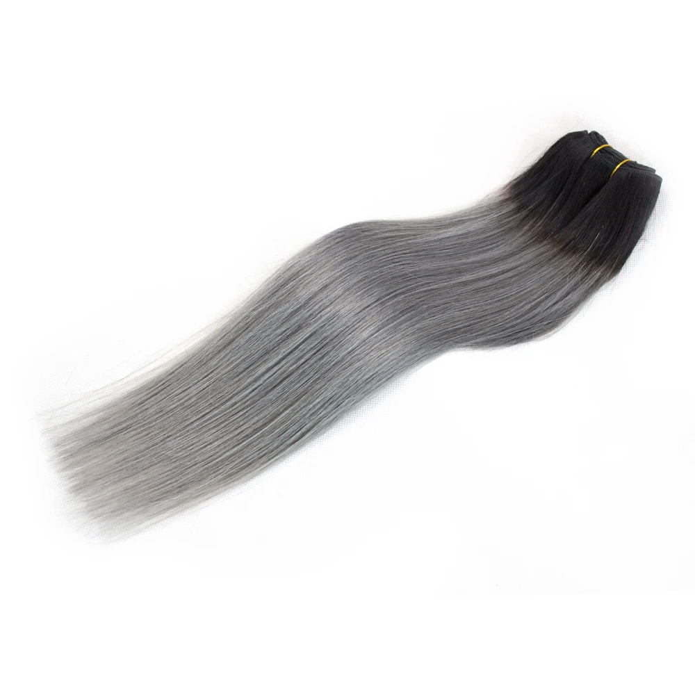 Extension de Cheveux Humains Lisses Gris Foncé avec Racines Noires, Mèches Brésiliennes Remy Pré-Colorées, 1/2/3 Pièces