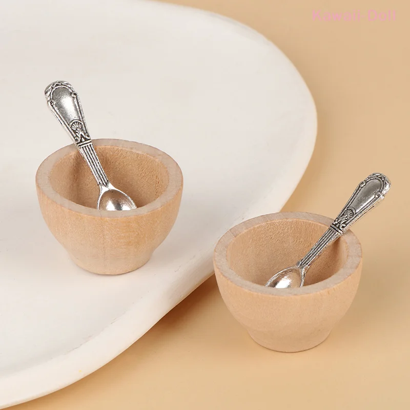 4Pcs/Set Small Miniature Wooden Bowl Spoon Model Dollhouse Furniture DIY Accessories
