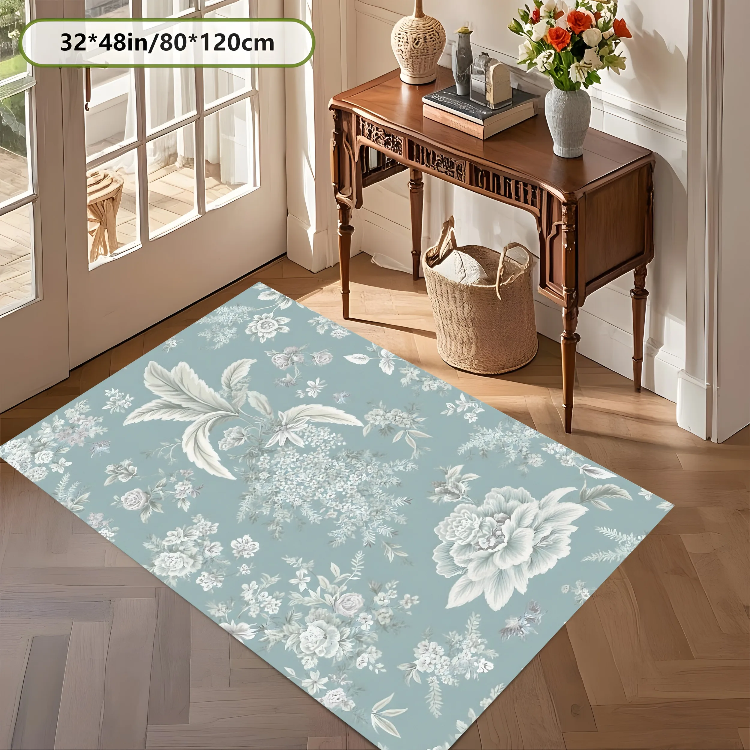 2D Large Carpet with Light Blue Background and Soft Floral Pattern, French Style, Perfect for Living Room and Bedroom Flooring, Instantly Refreshes Autumn and Winter Decor