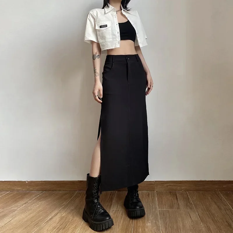Women's High-Rise Midi Skirt Dark Goth Grunge Casual Split Long Skirt Y2K Gothic Punk Streetwear Sexy Fashion