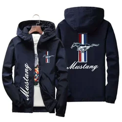 New Spring and Autumn Ford Mustang Car Logo Print Hooded Jacket Fashion Charge Jacket Windbreaker Men's Casual Outdoor Clothing