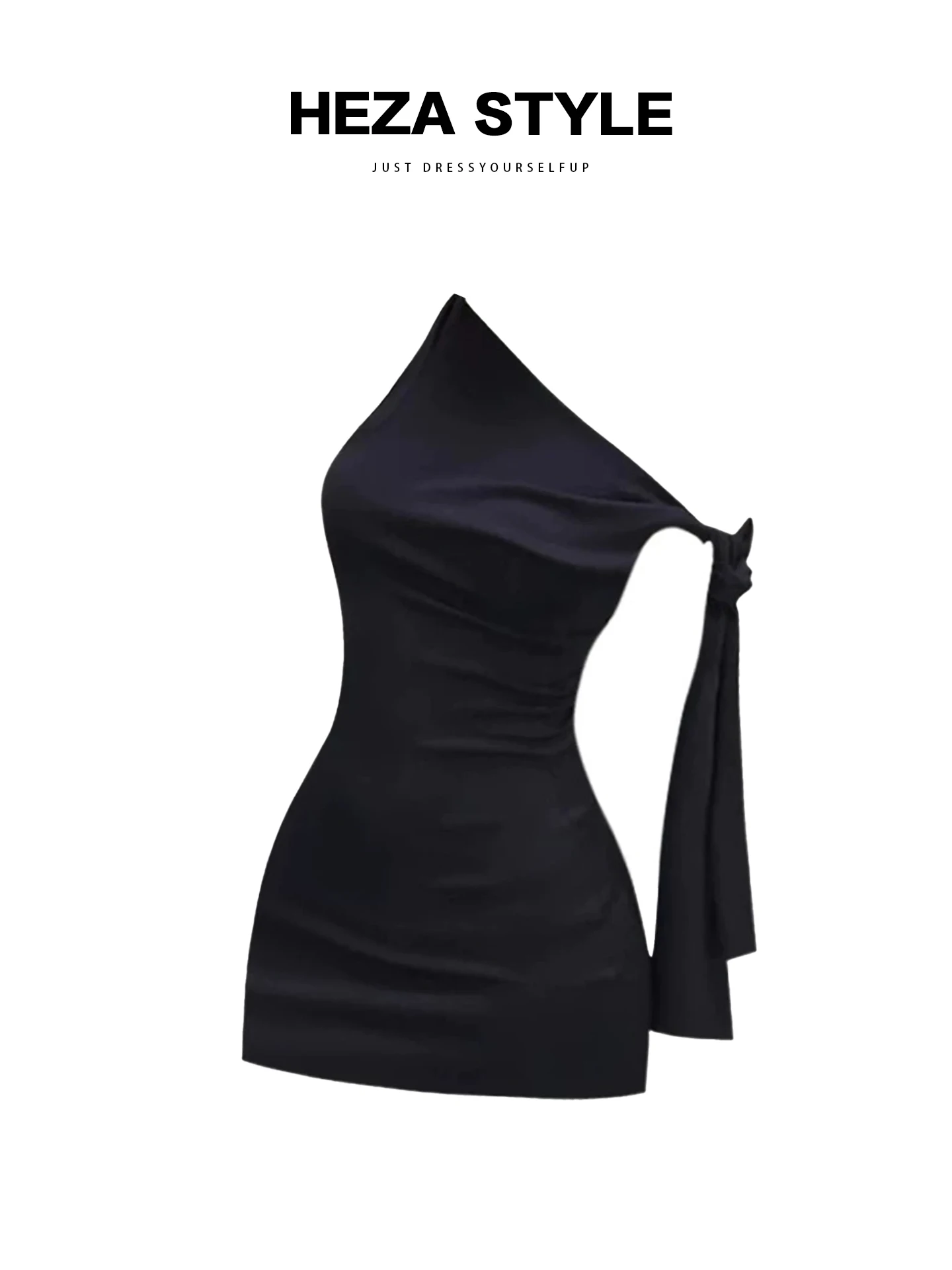 

HEZA Hepburn Style plus Size Black Asymmetrical Shoulder Sash Dress Women's Summer High Waist Bodycon Skirt Korean Commute St...