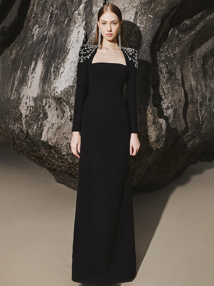 

Elegant Black Square Neck Bandage Long Dress with Embellished Shoulder Detail – Long Sleeve Formal Ceremonies Evening Gown