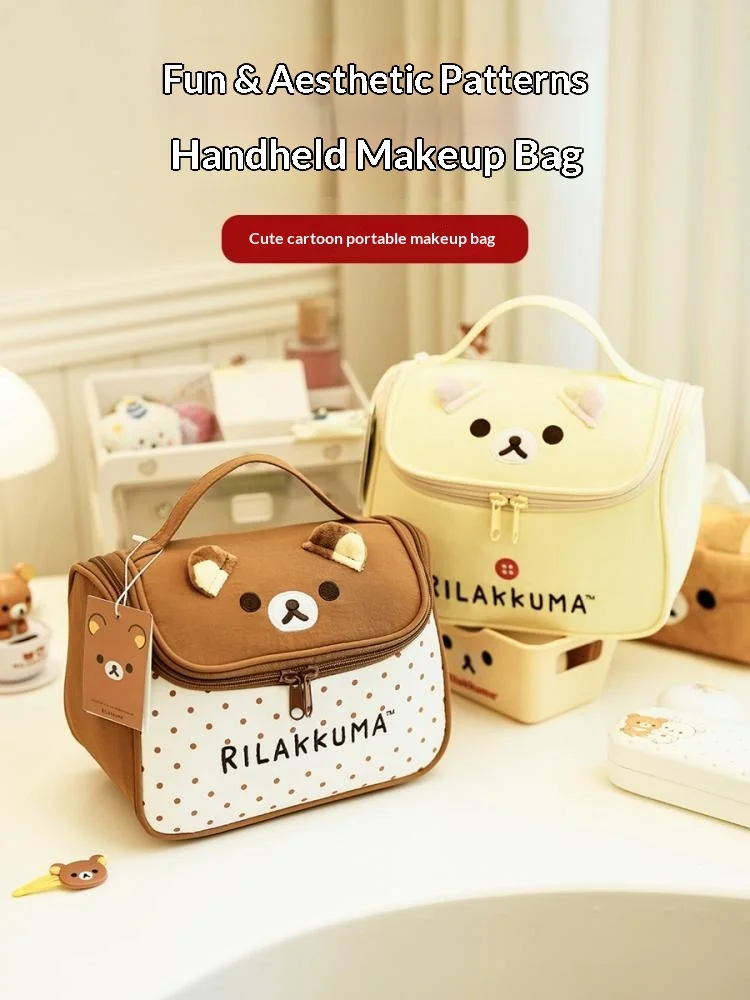 Rilakkuma Cosmetic Bag Large Capacity Portable Hook Toiletry Storage Bag Cute Bear Design Travel Daily Outdoor For Women