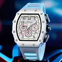 ONOLA Fashion White Watches Mens Casual Sports Silicone Strap Multifunctional Tonneau Quartz Wristwatch Man Gift Reloj 2024 Hot