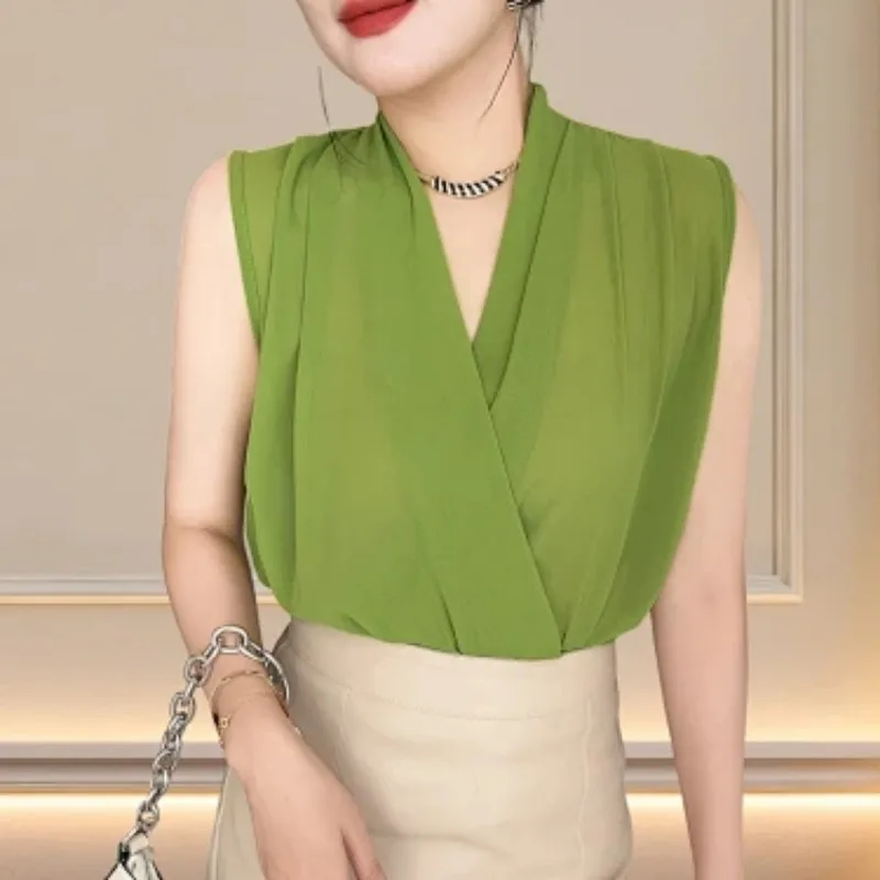 Women Cross V Neck Sleeveless Chiffon Blouse Slim Fit Elegant Solid Color Casual Top