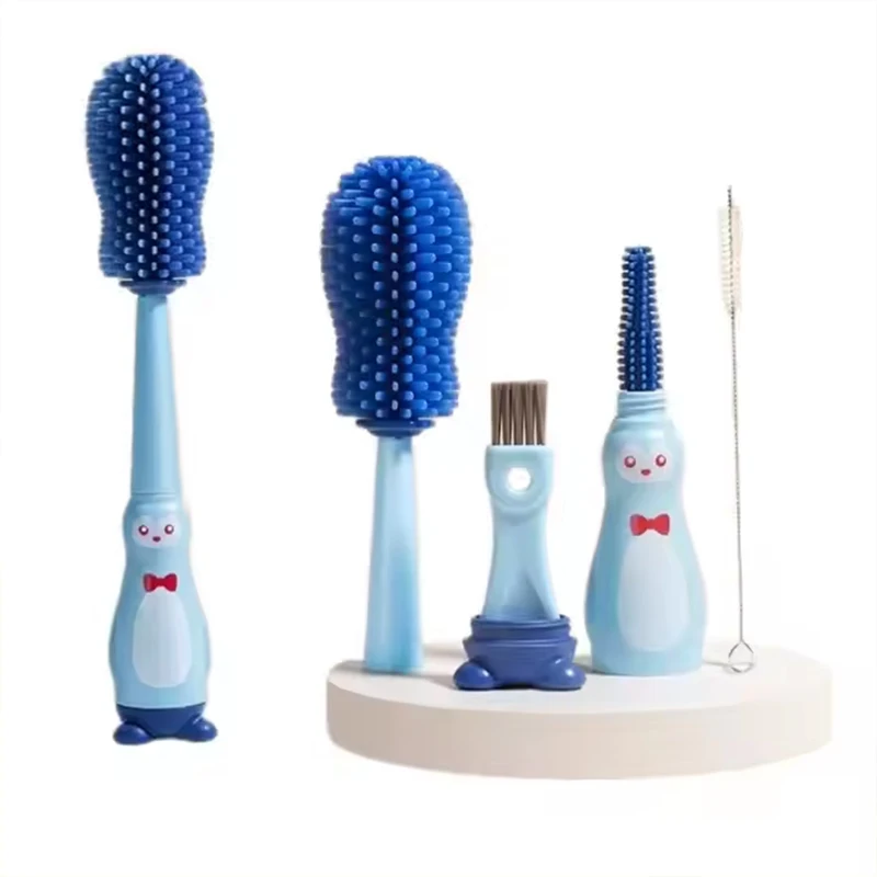 4 In 1 Set Baby Bottle Brush Multi-Fuction Cleaner Silicone Straw Pacifier Milk Bottle Cup 360 Degree Penguin Silicone Brush