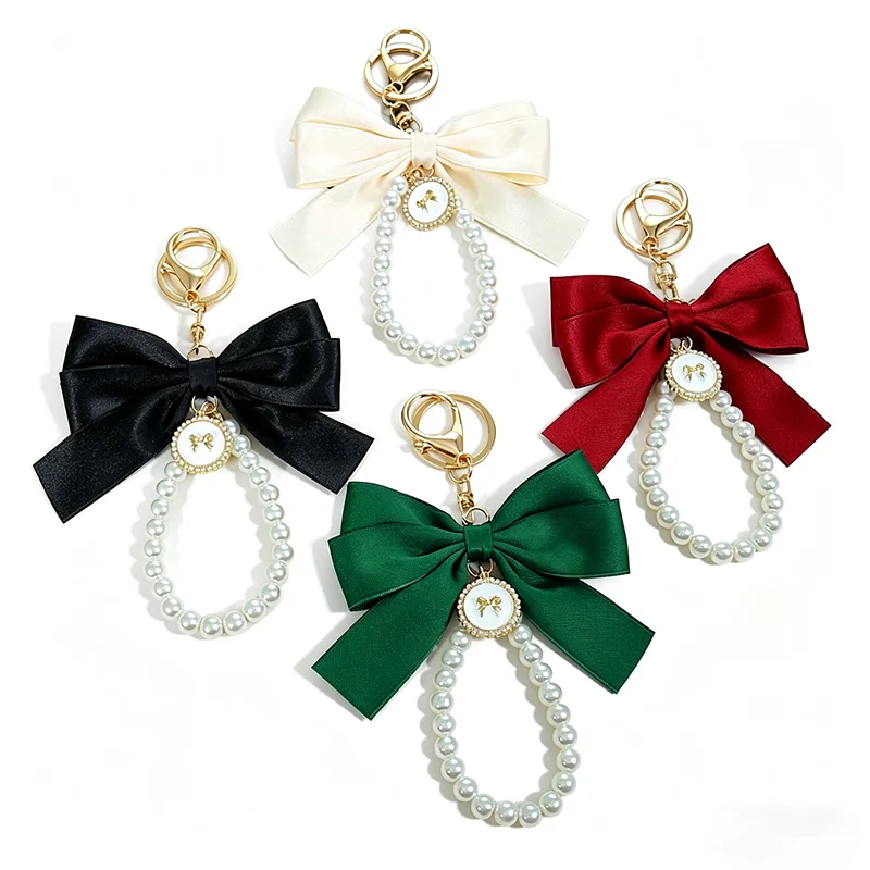 Satin Bow & Pearl Keychain Pendant, Elegant Gold Tone Bags Charm Accessories, Stylish Chic Gifts for Women 9 Colors Choose From