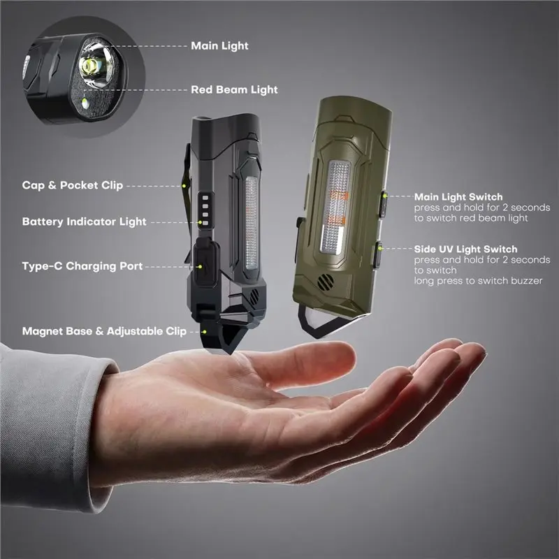 ABDJ-Compact Pocket Rechargeable Flashlight Featuring Adjustable Magnetic Hook, UV Light& Side Light, Buzzer Alarm Functionality
