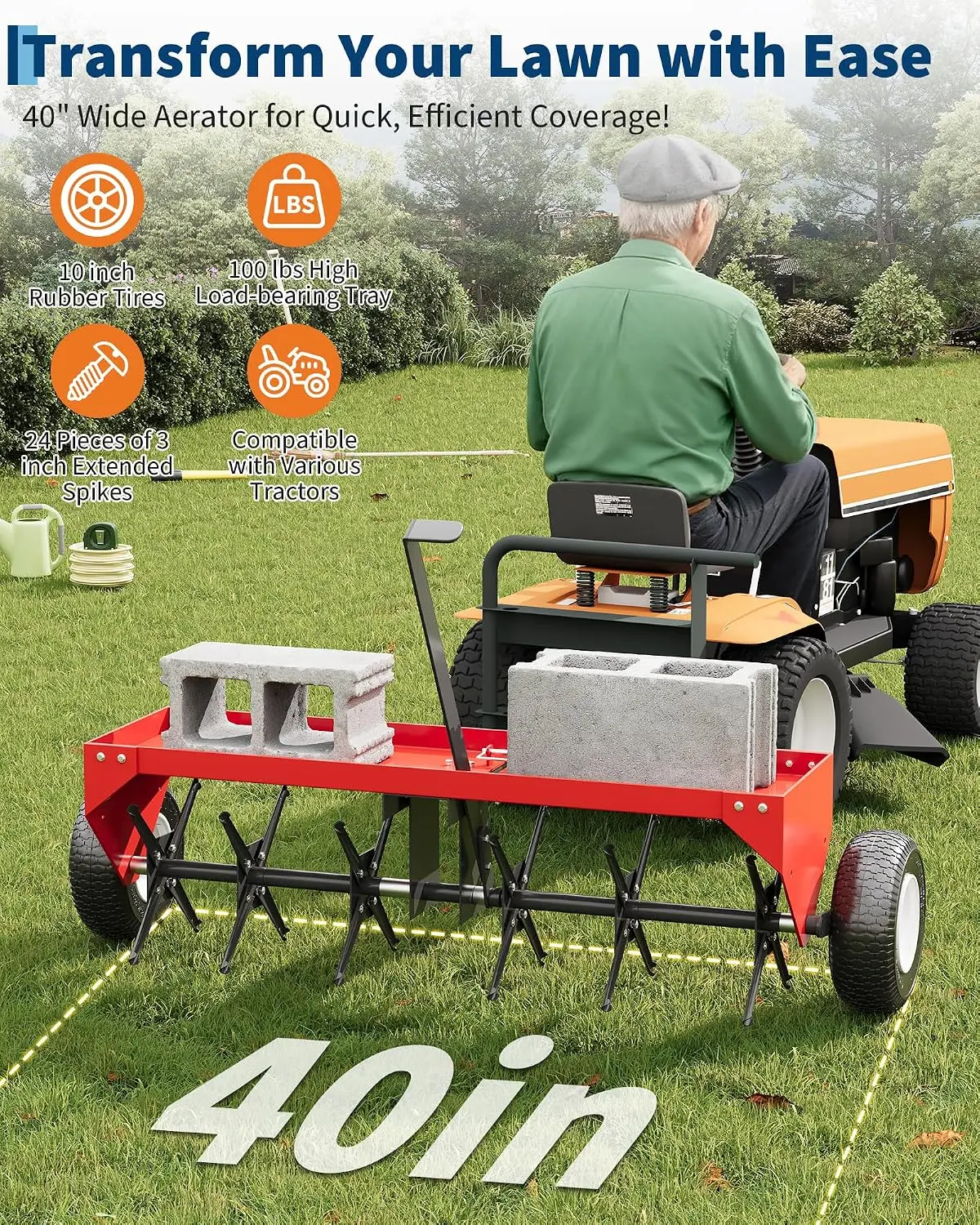 Gardening Hand Tools Yard - 40-Zoll-Rasenbelüfter mit Universal-Anhängerkupplung, rostfreier Stahlrahmen, Universal-Anhängerkupplung