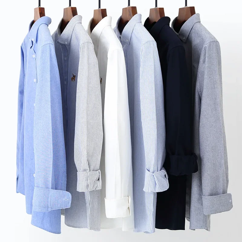LIBIELIY Cotton Oxford Spun Shirt, Plus Size Casual Embroidered Horse Logo Men's Top, Versatile Shirt, Men's Long Sleeved Shirt